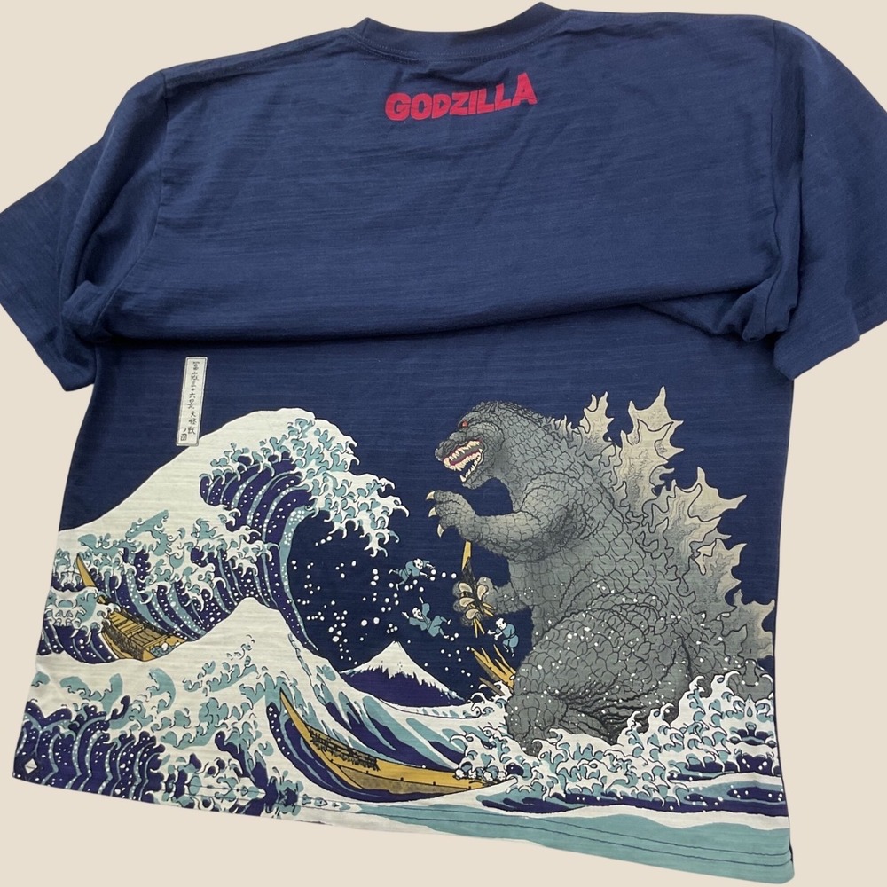 Godzilla Great Wave Off Kanagawa Navy Blue Graphic T-Shirt Mens 3XL fits Like XL